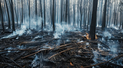 burnt forest after a forest fire, black burnt trees in the forest, consequences of a forest fire
