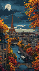 Paris scenic overview, vector illustration, vertical