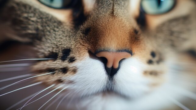 Close-up of a cat's nose. The texture of the animal's respiratory organ. Sensitivity.