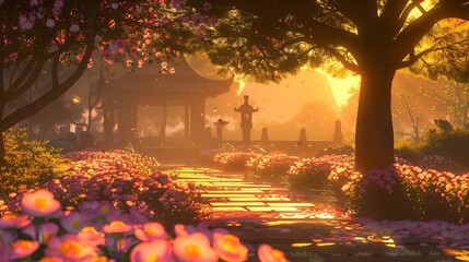 Vibrant blooms stand proud, bathed in the golden hour's embrace, casting long shadows that tell tales of twilight serenity.