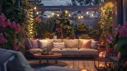 Fototapeta na wymiar A rooftop terrace at sunset with white sofas and fairy lights