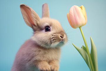 Obraz premium Cute bunny with pring Tulip flower on pastel blue studio background