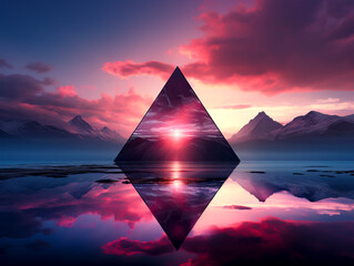 Mystical Ruby Pyramid Reflecting in Tranquil Waters created with Generative AI technology - obrazy, fototapety, plakaty