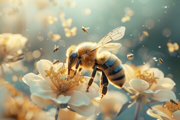 bees pollinating flowers - obrazy, fototapety, plakaty