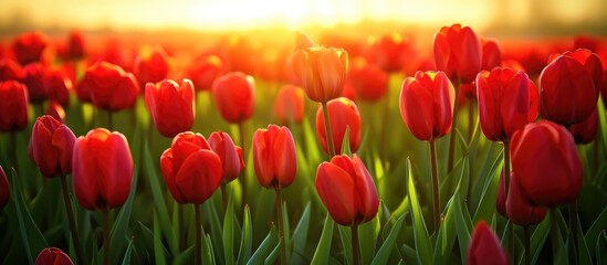 Vibrant red tulips fill a vast green field under the yellow sun in scenic Amsterdam. - obrazy, fototapety, plakaty
