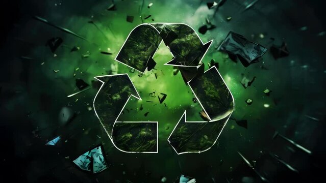 Green recycle logo surrounded by broken glass