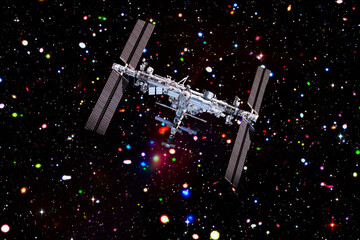 Spaceship in space. Science theme. The elements of this image furnished by NASA. - 743686488