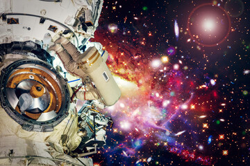 Astronaut surfing dark space with stars. The elements of this image furnished by NASA. - 743686617