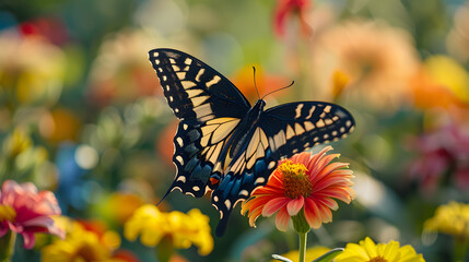 A butterfly, with vibrant flowers as the background, during a sunny spring day