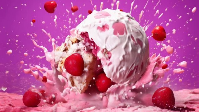 Delicious ice cream ball covered in pink icing and topped with cherries