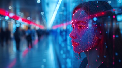 Woman with futuristic augmented reality facial mapping, cyber security and digital identification in public space