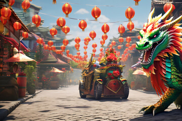 Neujahr asiatisches Drachenfest mit rot goldenen Drachen