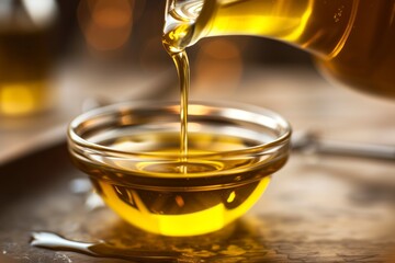 Pouring golden olive oil into a glass bowl, capturing the essence of Mediterranean cuisine and healthy cooking ingredients