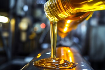 Industrial lubricant oil pouring in manufacturing, a close-up on machinery maintenance and industrial engineering