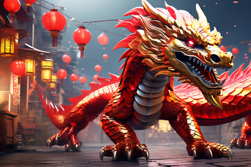 Neujahr asiatisches Drachenfest mit rot goldenen Drachen