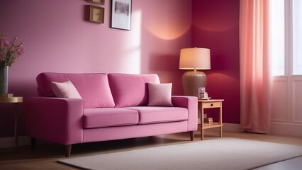 Stylish room in pink color with pink sofa.
