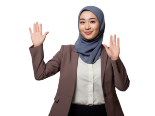 Approachable Businesswoman in Brown Blazer and Hijab with Raised Hands, Isolated Greeting, Transparent