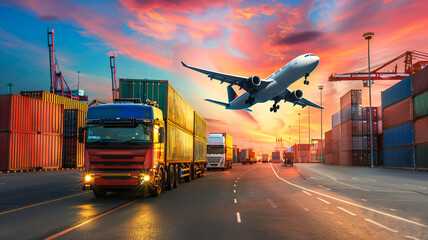 Logistics import-export container freight transport. Freight transport company - obrazy, fototapety, plakaty