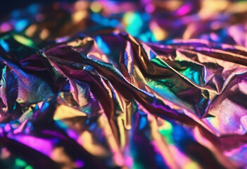 Iridescent holographic textural Background Wrinkled folded paper or foil with iridescent highlights
