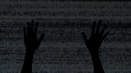 Silhouette against digital television screen. Thriller scene woman silhouette hands crawling up on big digital screen with noise.