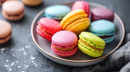 Fototapeta premium Colorful macarons on a plate close-up 