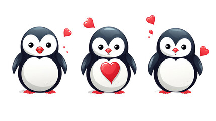 Fototapeta premium Celebrate Love and Joy with Cartoon Penguins Holding Red Hearts - Vector Illustration for Valentine's Day, Perfect for Greeting Cards and Romantic Holiday Decorations on a Transparent Background
