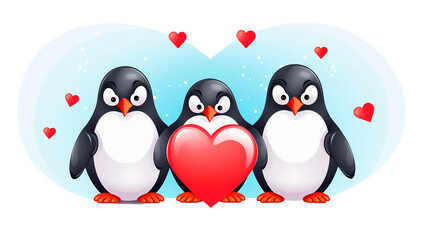 Celebrate Love and Joy with Cartoon Penguins Holding Red Hearts - Vector Illustration for Valentine's Day, Perfect for Greeting Cards and Romantic Holiday Decorations on a Transparent Background