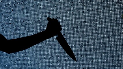 Silhouette against digital television screen. Thriller scene woman hand holding knife and stabbing it against digital screen with noise.