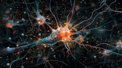 Illustration of an active neuron with sparking connections in a complex network, representing neural communication.