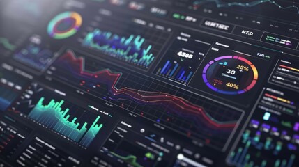 Close-up view of a modern data analytics dashboard with vibrant charts and graphs.