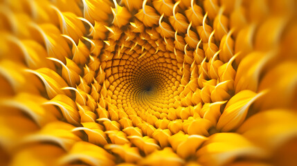 Sunflower background, close-up view of intricate spiral pattern of sunflowers