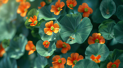 Nasturtium attracting pollinators, using cinematic framing to showcase the interaction in a vibrant and natural-colored environment.