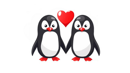Naklejka premium Celebrate Love and Joy with Cartoon Penguins Holding Red Hearts - Vector Illustration for Valentine's Day, Perfect for Greeting Cards and Romantic Holiday Decorations on a Transparent Background