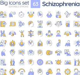 Schizophrenia disorder RGB color icons set. Neurocognitive disease, mental health. Psychiatry condition. Isolated vector illustrations. Simple filled line drawings collection. Editable stroke