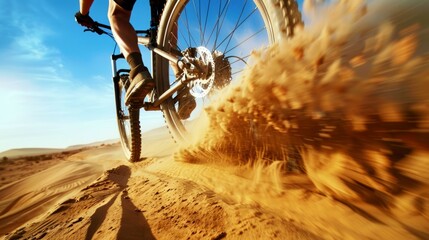 A mountain biker kicks up a trail of sand while navigating a challenging desert terrain at high speed.