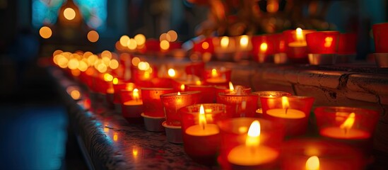 A row of lit candles sits atop a table as part of a vigil held at a Catholic church. - obrazy, fototapety, plakaty