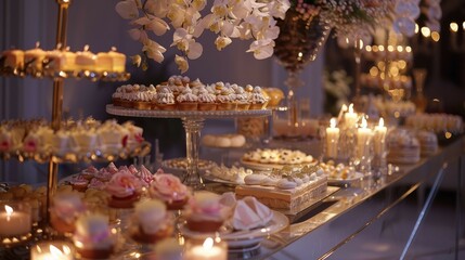 Fototapeta na wymiar An elegant dessert table beautifully arranged at a social event, enhanced by warm, ambient lighting.