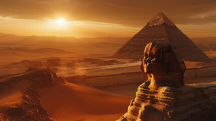 background photo of a view of the pyramid mountain and the sphinx statue in the Central East desert - obrazy, fototapety, plakaty