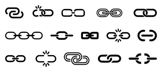 Chain link icon collection in a black on a white background. Set of chain icons, link symbols
