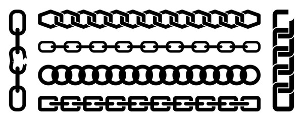Chain link rope icon collection in a black on a white background. Set of chain icons, link symbols