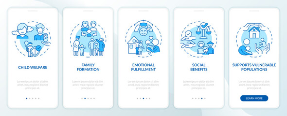 Benefits of adoption blue onboarding mobile app screen. Reasons walkthrough 5 steps editable graphic instructions with linear concepts. UI, UX, GUI template. Myriad Pro-Bold, Regular fonts used