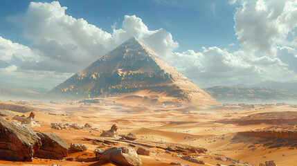 background photo of a view of the pyramid mountain and the sphinx statue in the Central East desert - obrazy, fototapety, plakaty