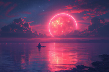 Sci-fi graphic design of a floating sphere of the planet Neptune, over the dark blue and violet iridescent skyline horizon - obrazy, fototapety, plakaty