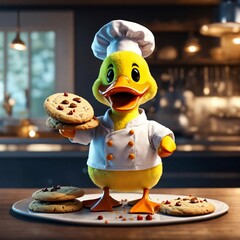 A cute duck wearing a chef uniform covered in cookie batter