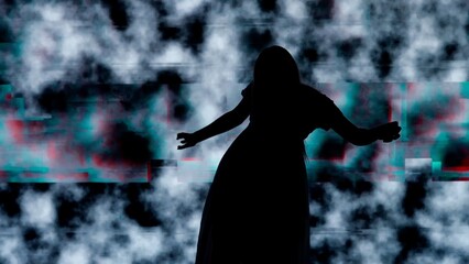 Silhouette against digital television screen. Thriller scene spooky woman in dress posing like zombie in front of big digital screen with white noise.