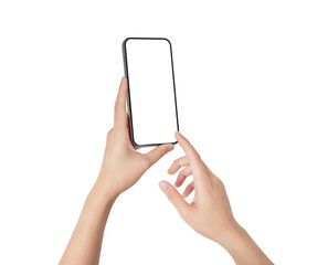 Obraz na płótnie Canvas Hand holding smartphone with blank screen isolated on white background.