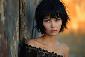 Fototapeta premium Expressive Asian girl with short black hair style, photograph, vivid color, portrait