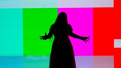 Silhouette against digital television screen. Thriller scene spooky woman in dress posing like zombie in front of big digital screen with no signal.