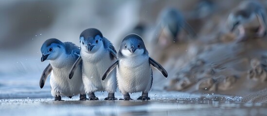 A group of adorable little penguins, known as Little Blue Penguins, are standing closely together side by side. These curious and social birds are native to the beautiful island of Tasmania.