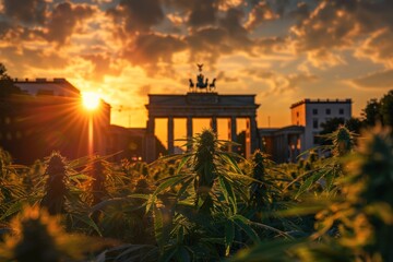 Sun setting behind Brandenburger Tor in Berlin Germany with Cannabis plants in front symbolizing legalization - obrazy, fototapety, plakaty